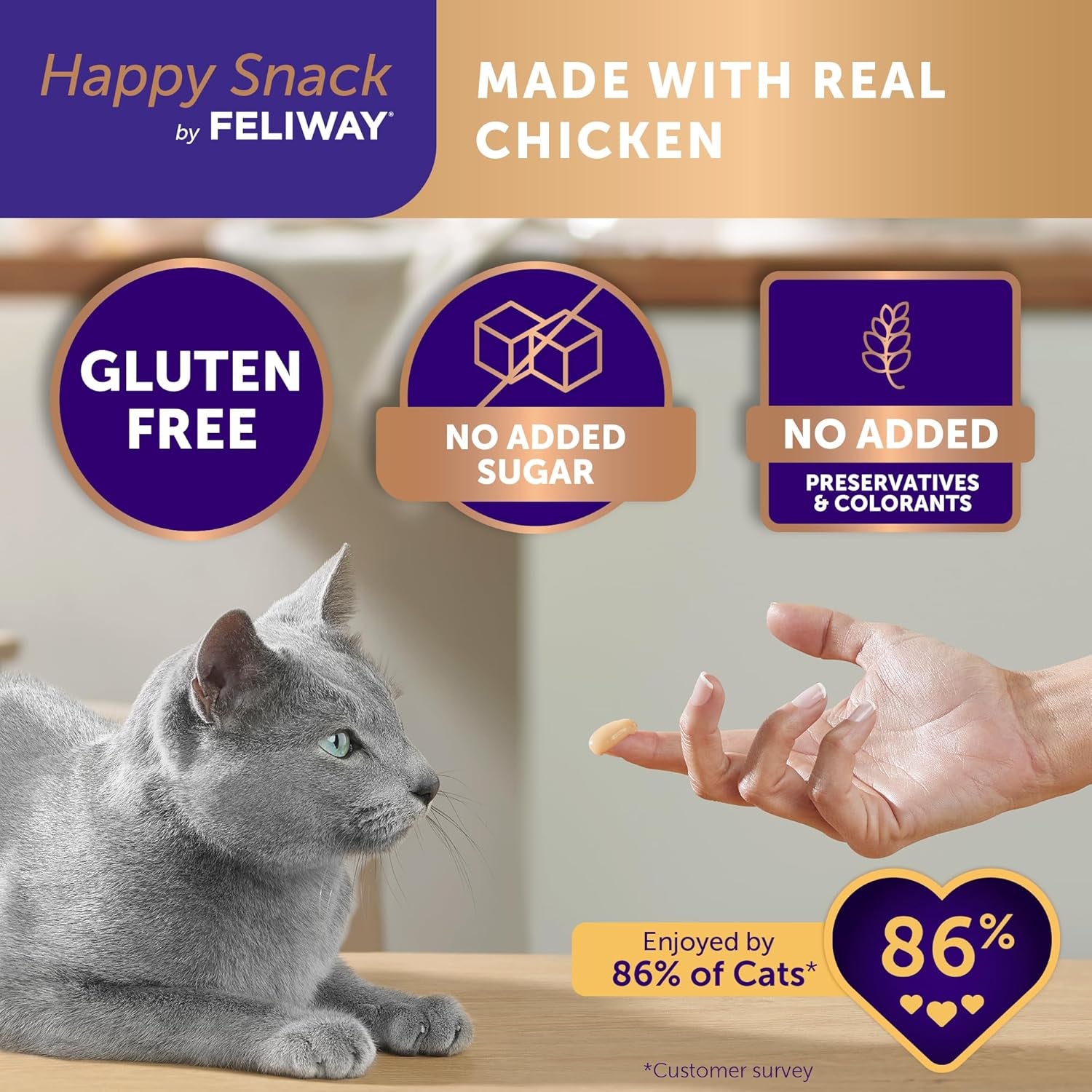 Happy Snack by FELIWAY®, Delicious, Lickable, Squeezable Purée Cat Treats for a Daily Calming Routine, Made with Real Chicken, 12 Pack (0.5Oz Tubes)