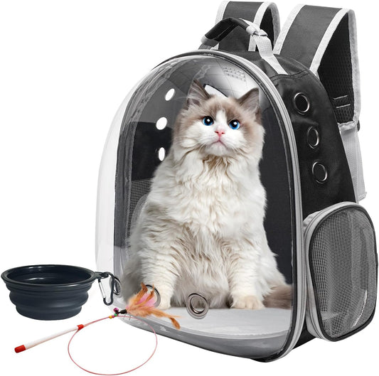 Vivicreate Large Cat Backpack Carrier with Folding Bowl and Teaser Stick for Cats up to 20Lbs with Ventilation and Padded Straps Mochila Para Gatos Transportadora Mascotas (Black)