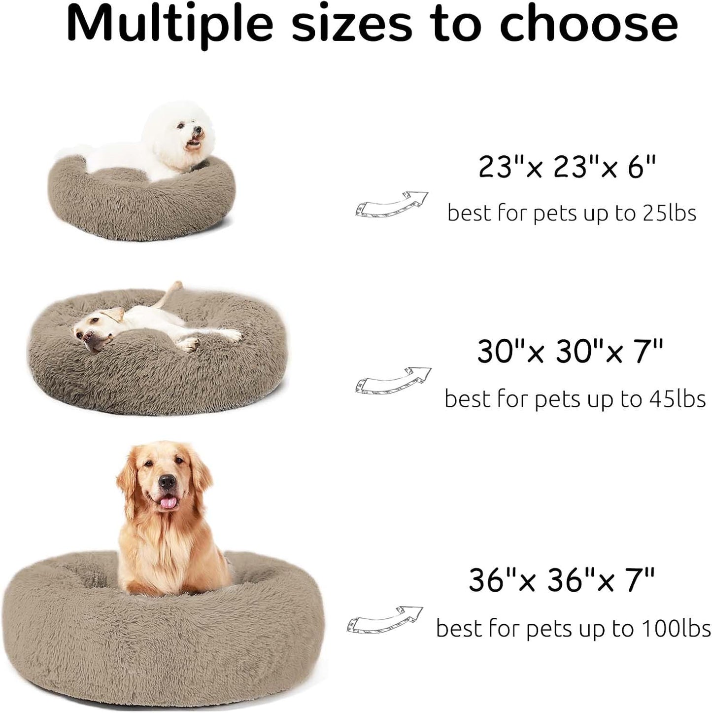 HACHIKITTY Calming Donut Cuddler Dog Bed, round Fluffy Pet Bed with Sewn-In Cushionfor Large Dogs,Washable, Large, Taupe, 30''