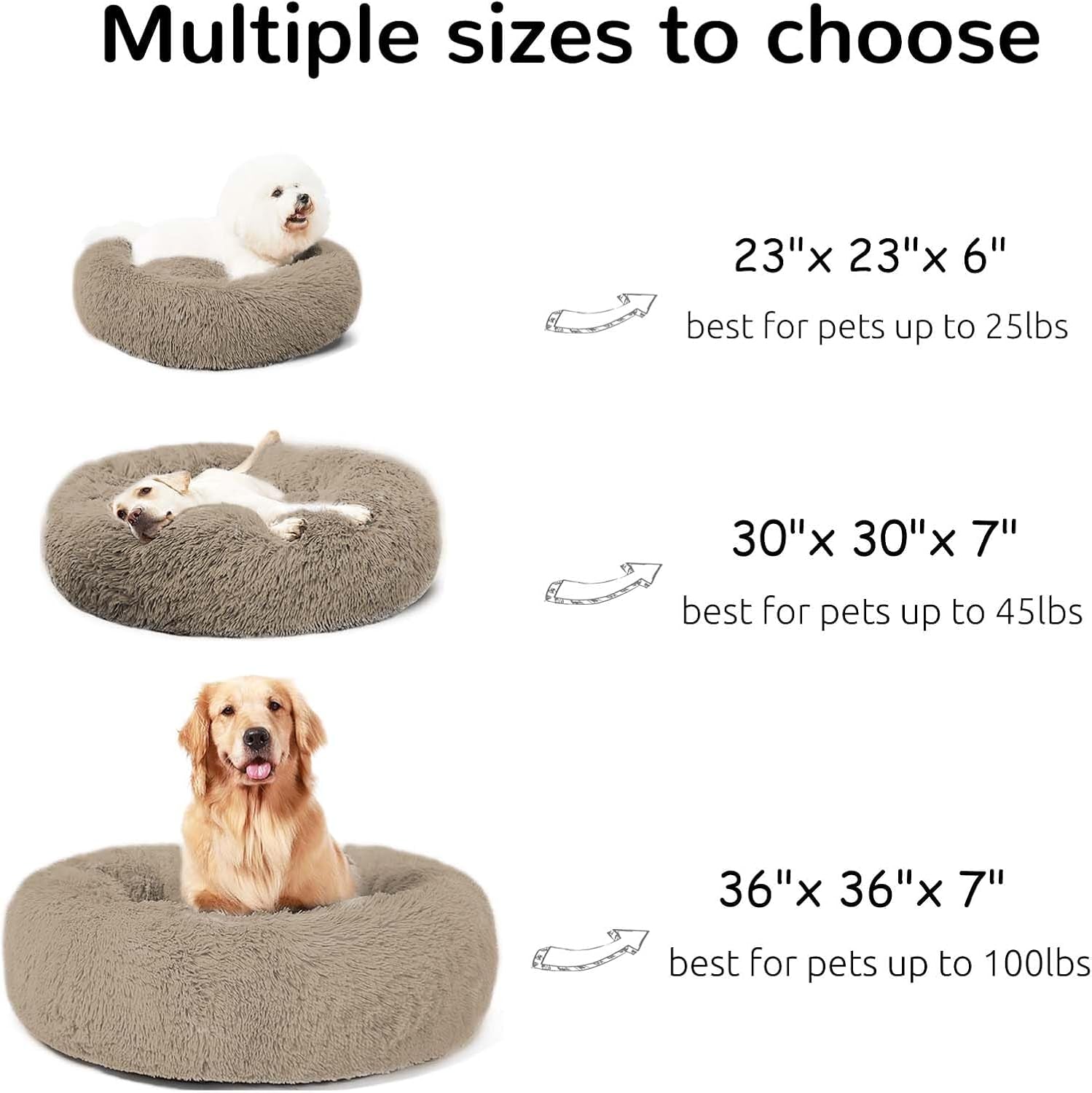 HACHIKITTY Calming Donut Cuddler Dog Bed, round Fluffy Pet Bed with Sewn-In Cushionfor Large Dogs,Washable, Large, Taupe, 30''