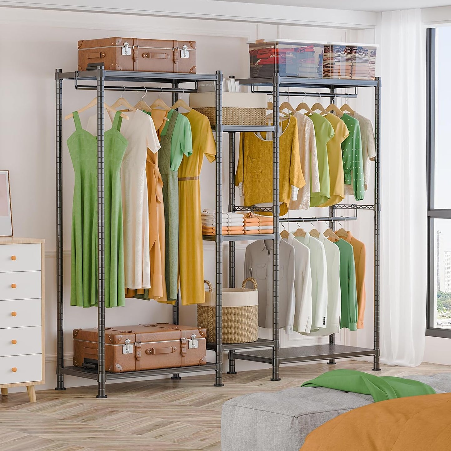 LEHOM G6 Clothes Rack Heavy Duty Freestanding Garment Rack with Shelves, Metal Clothing Closet Wardrobe Storage System for Hanging Clothes, 76.8" D X 17.7" W X 74.4" H, Hold 800 Lbs, Black