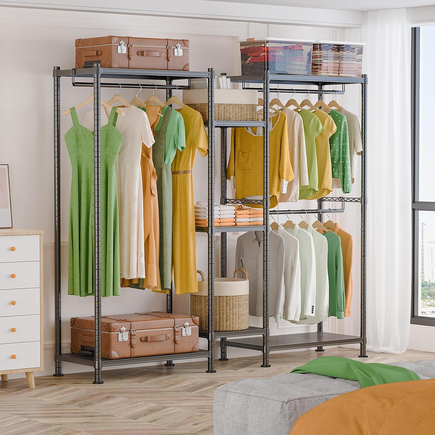 LEHOM G6 Clothes Rack Heavy Duty Freestanding Garment Rack with Shelves, Metal Clothing Closet Wardrobe Storage System for Hanging Clothes, 76.8" D X 17.7" W X 74.4" H, Hold 800 Lbs, Black