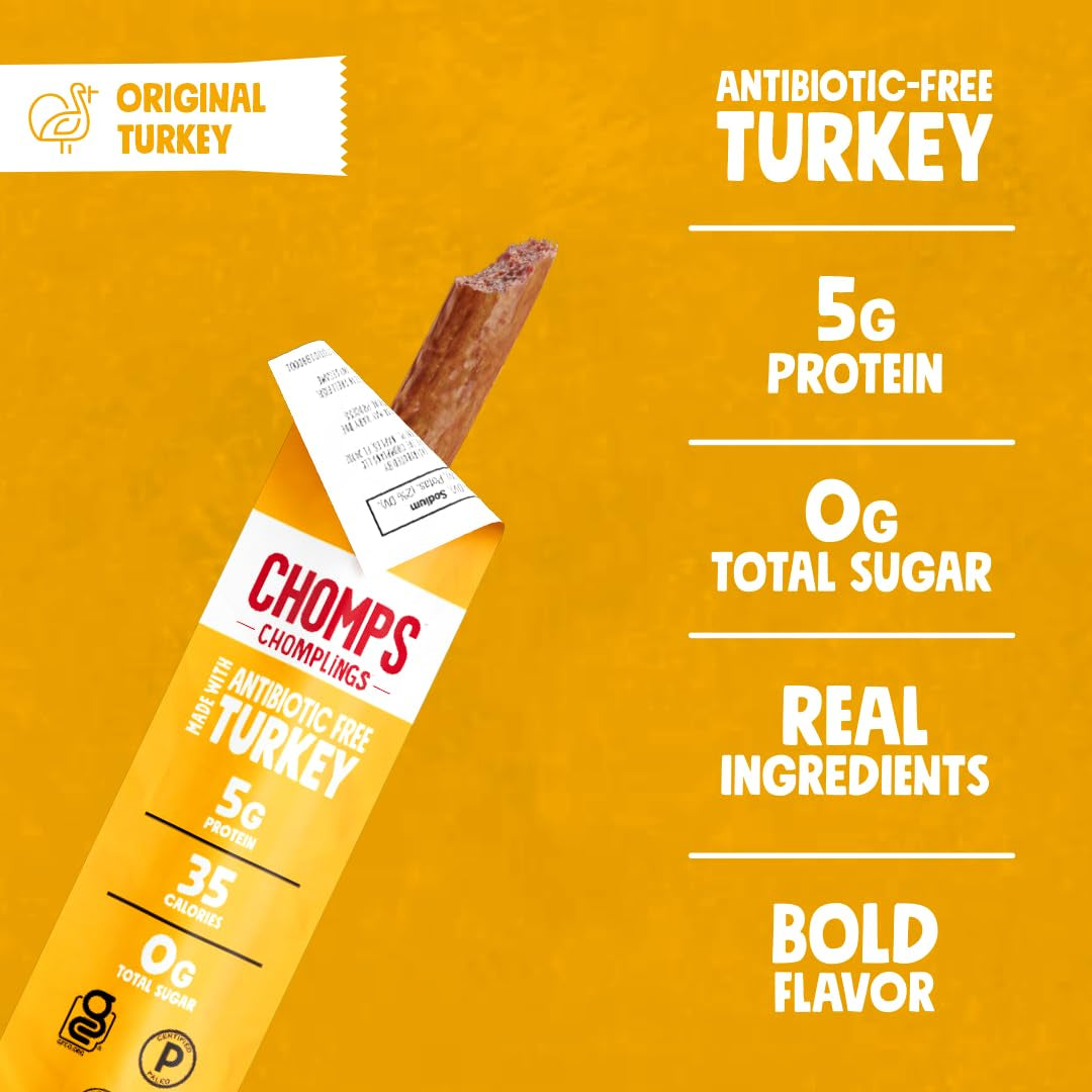 Chomps Snack Size Original Turkey Jerky Meat Sticks, ABF Turkey, Keto, Paleo, Whole30 Approved, Low Carb, High Protein, Gluten Free, Sugar Free, 35 Calories, 0.5 Oz (Pack of 24)