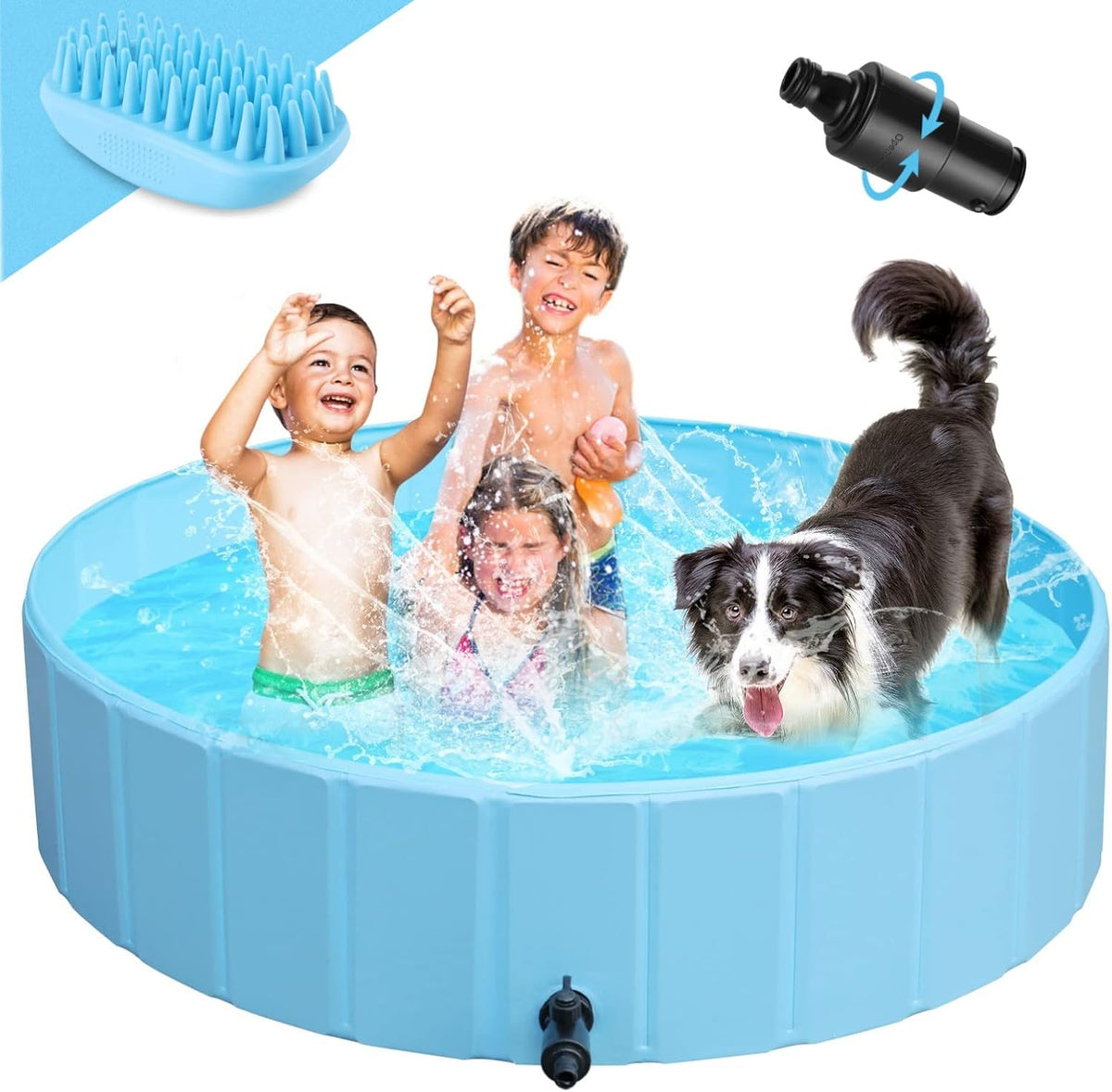 Arlopu Foldable Dog Pool, Non-Slippery Collapsible Swimming Tub, Portable Pet Bathing Pool,Hard PVC Leakproof Water Pool W/Brush&Water Pipe Connector,Indoor Outdoor for Dog, Cat 63''/48''/32‘’