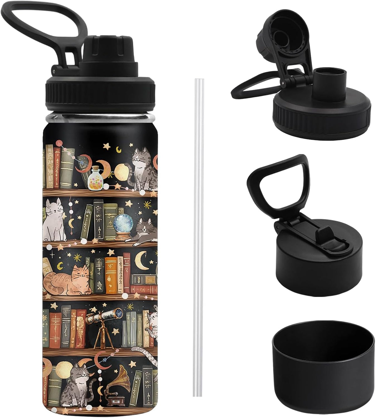 Booklover Gifts for Women, Library Cat 18Oz Water Bottle