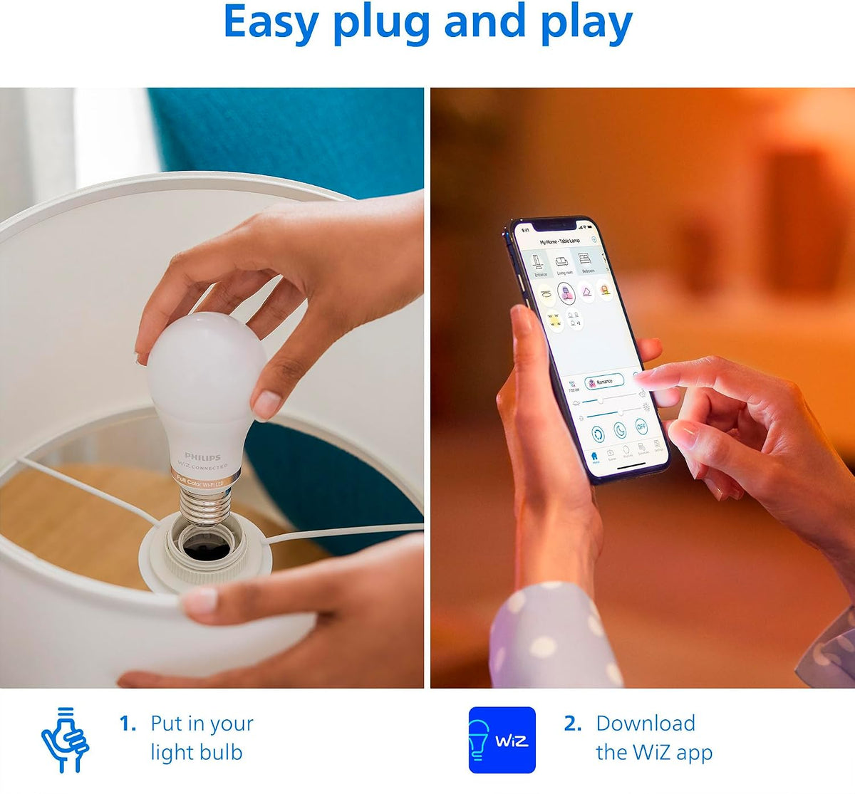 PHILIPS Smart Lighting Connected Light Bulbs, 2-Pack, Color A19 60W 800LM E26 Indoor LED Lights, Smart Bulbs with Motion Detection, Control with Voice or App