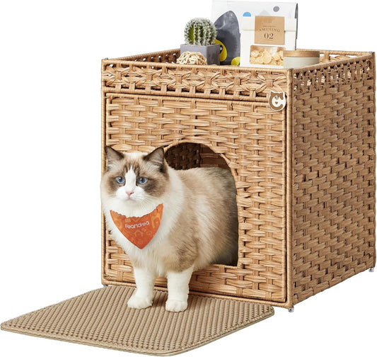 Feandrea Cat Litter Box Enclosure, Handwoven Rattan End Table, Extra Mat