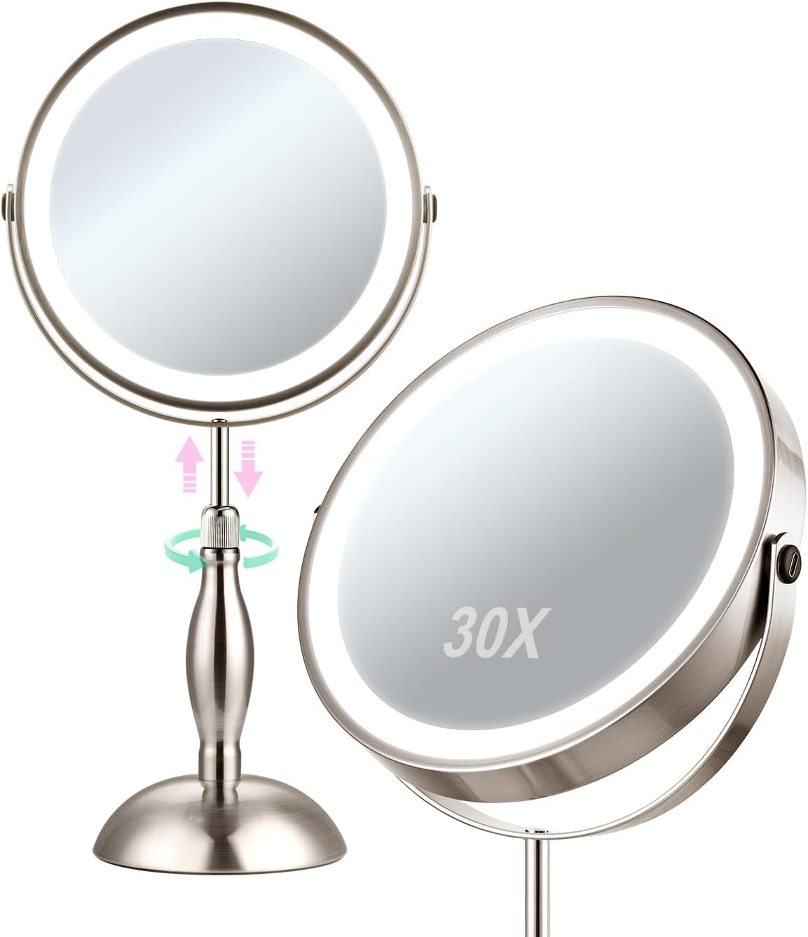 30X Magnifying Mirror with Lights, 8" Height Adjustable Makeup Mirror