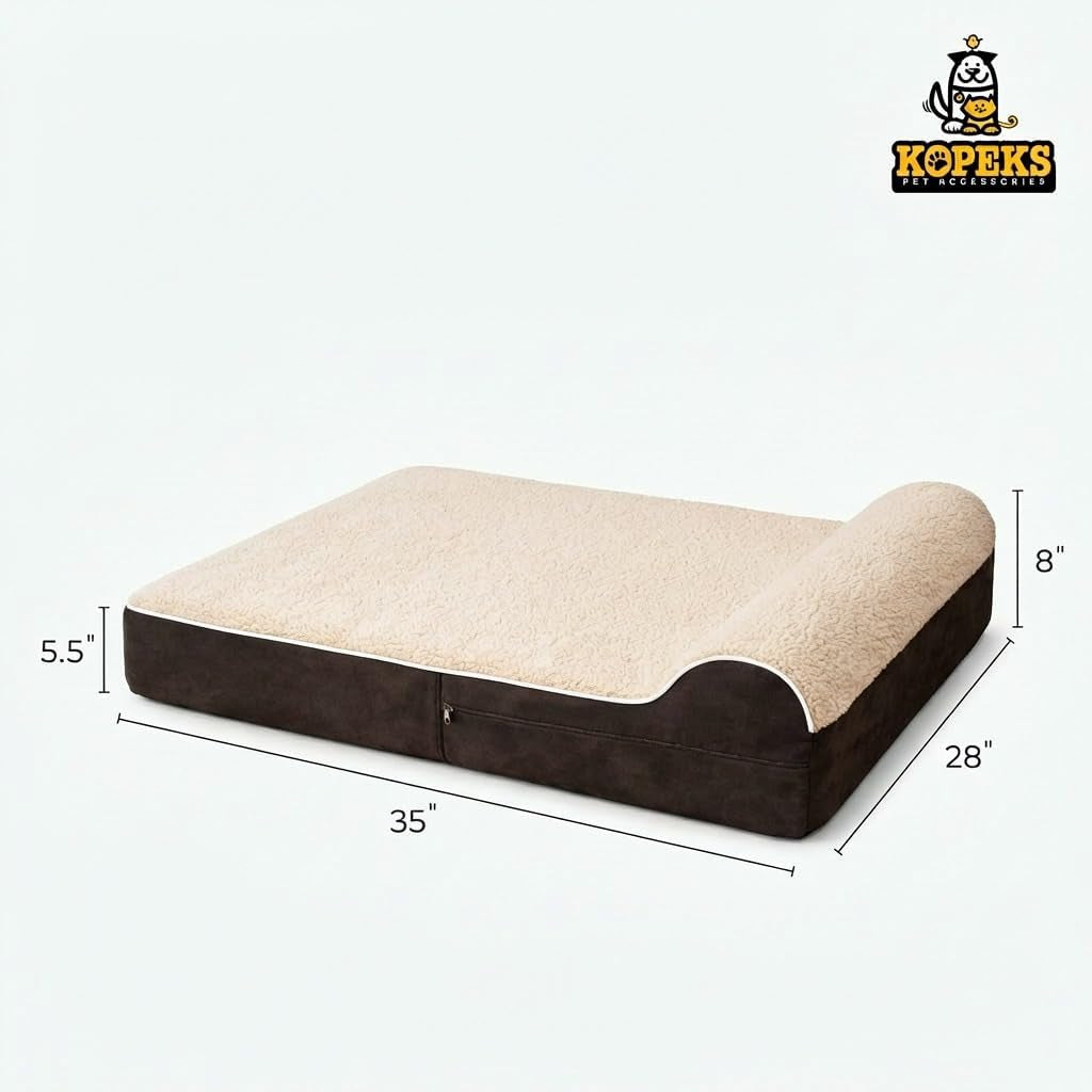 5.5 Inch Thick High Grade Orthopedic Memory Foam Dog Bed with Pillow and Easy to Wash Removable Cover with Anti-Slip Bottom. Free Waterproof Liner Included - for Medium and Large Dogs - Plush Brown