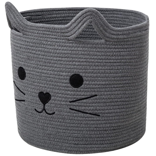 VK VK·LIVING Large Basket for Organizing Cute Animal Storage Baskets Cat Toy Storage Woven Cotton Rope Hamper Organizer for Laundry, Towels, Blanket, Toys, Clothes, Gifts, Pet Bed 15''X14''