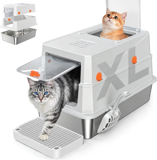 Convertible Cat Litter Box with Flip Cover for Large Cats, Grey