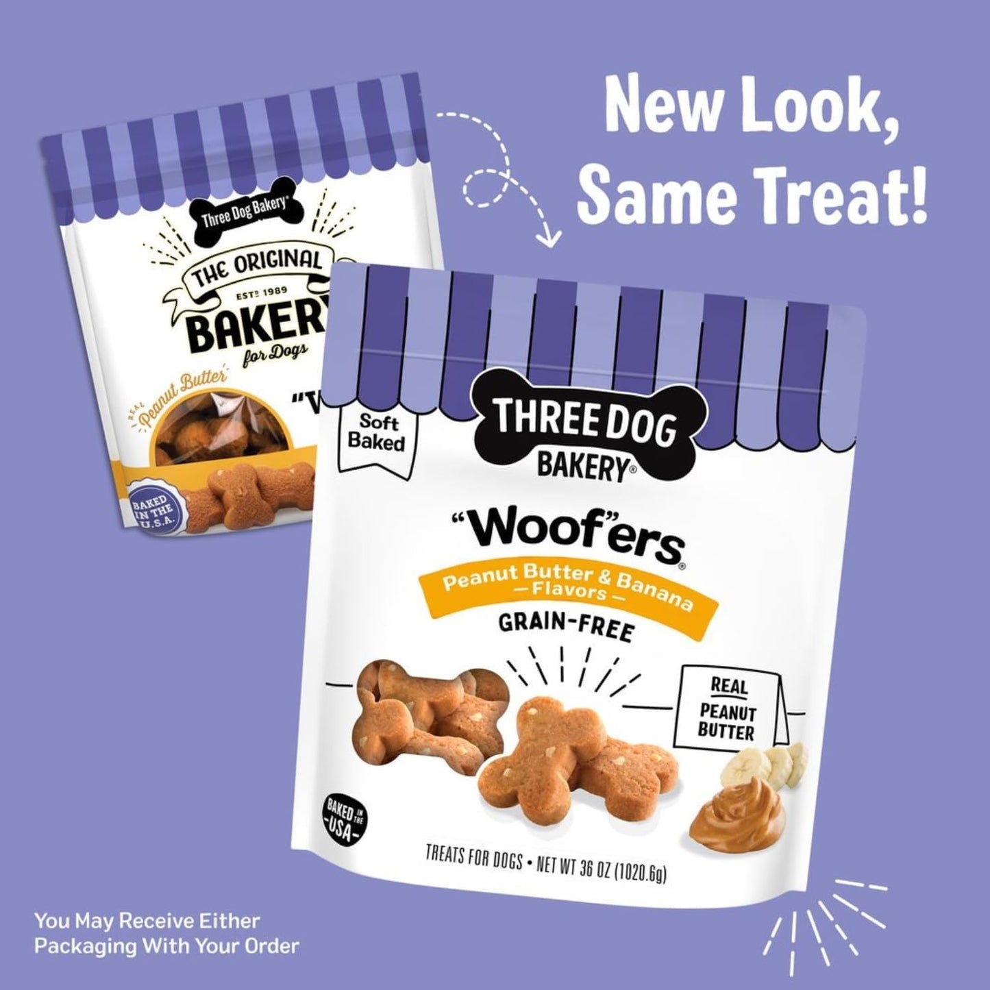 Three Dog Bakery Grain-Free “Woof”Ers, Peanut Butter & Banana Flavor – Grain-Free Dog Treat, Cookies for Dog Training Treats, Puppy Treats with Real Ingredients