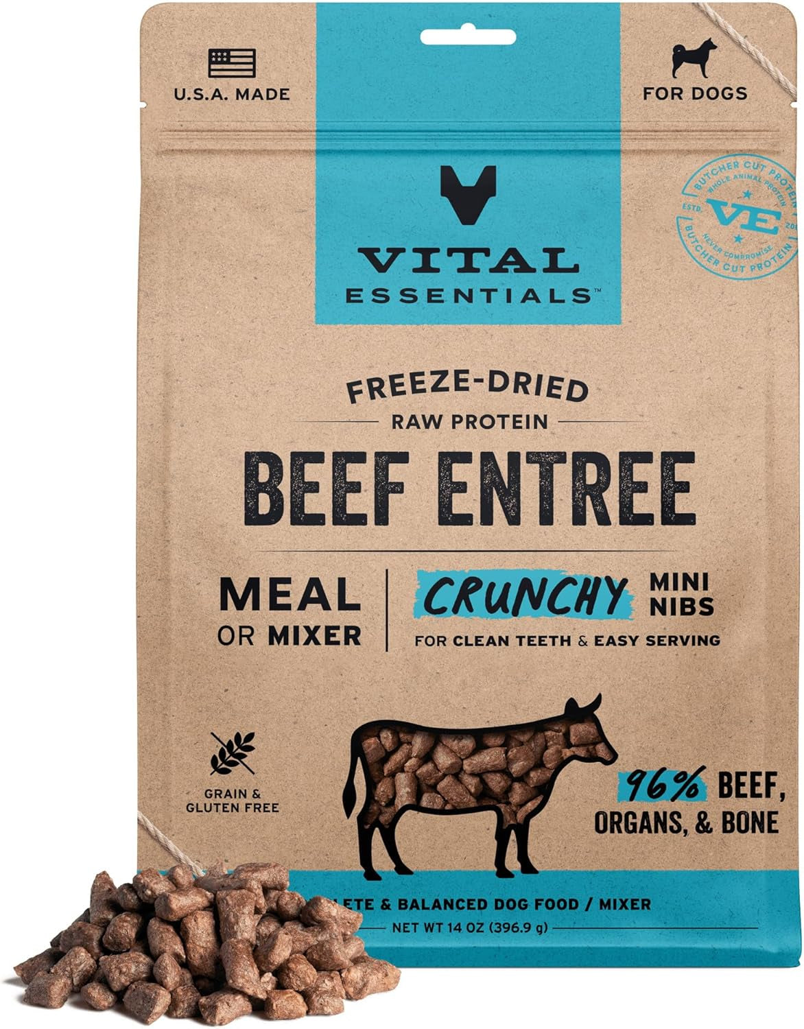 Vital Essentials Freeze Dried Dog Food, Raw Beef Crunchy Mini Nibs | Complete Meal or Topper | 96% Beef, Organs & Bone | Limited Ingredient, High Protein, Grain Free Dry Dog Food | 14 Oz Bag