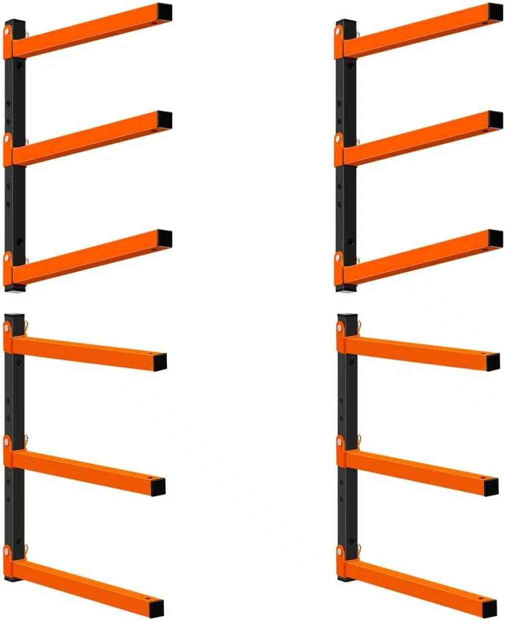 Homydom Heavy Duty Wall Mounted Lumber Storage Rack, 3-Level, 4 Pack Metal Garage Shelving System for Wood, Pipes & Skis, 300 Lbs Capacity Organizer Bracket (Black/Orange)