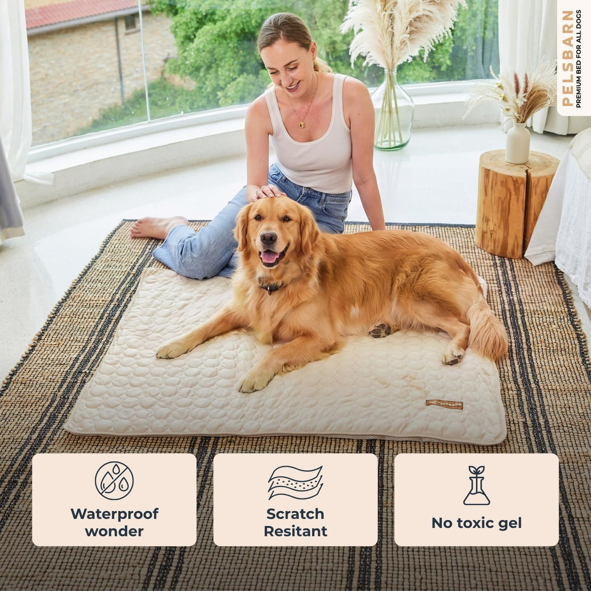 Pelsbarn Dog Cooling Mat, Ice Silk Self-Cooling Pad, Light Beige, XL