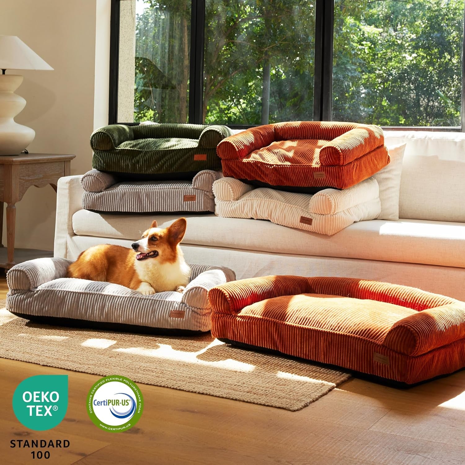 FUKUMARU Dog Couch Bed, Corduroy Cozy Cat Bed for Indoor Cats with Washable Cover, 28In Waterproof Orthopedic Dog Beds Sofa for Small Dogs and Large Cats, Cute Warm Cotton Pet Sofa, Green