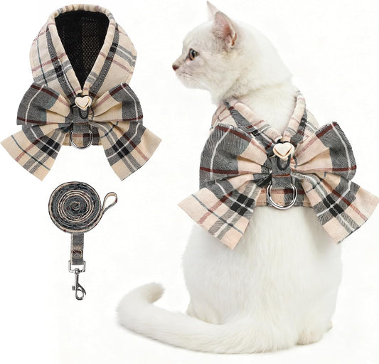 Cute Cat Harness and Leash Set with Bowtie, Small Dog Vest Harnesses, Step in No Pull Soft Mesh Padded Adjustable Plaid Pet Harness for Extra-Samll Medium Puppy Kitten, Boy Girl, Beige XS