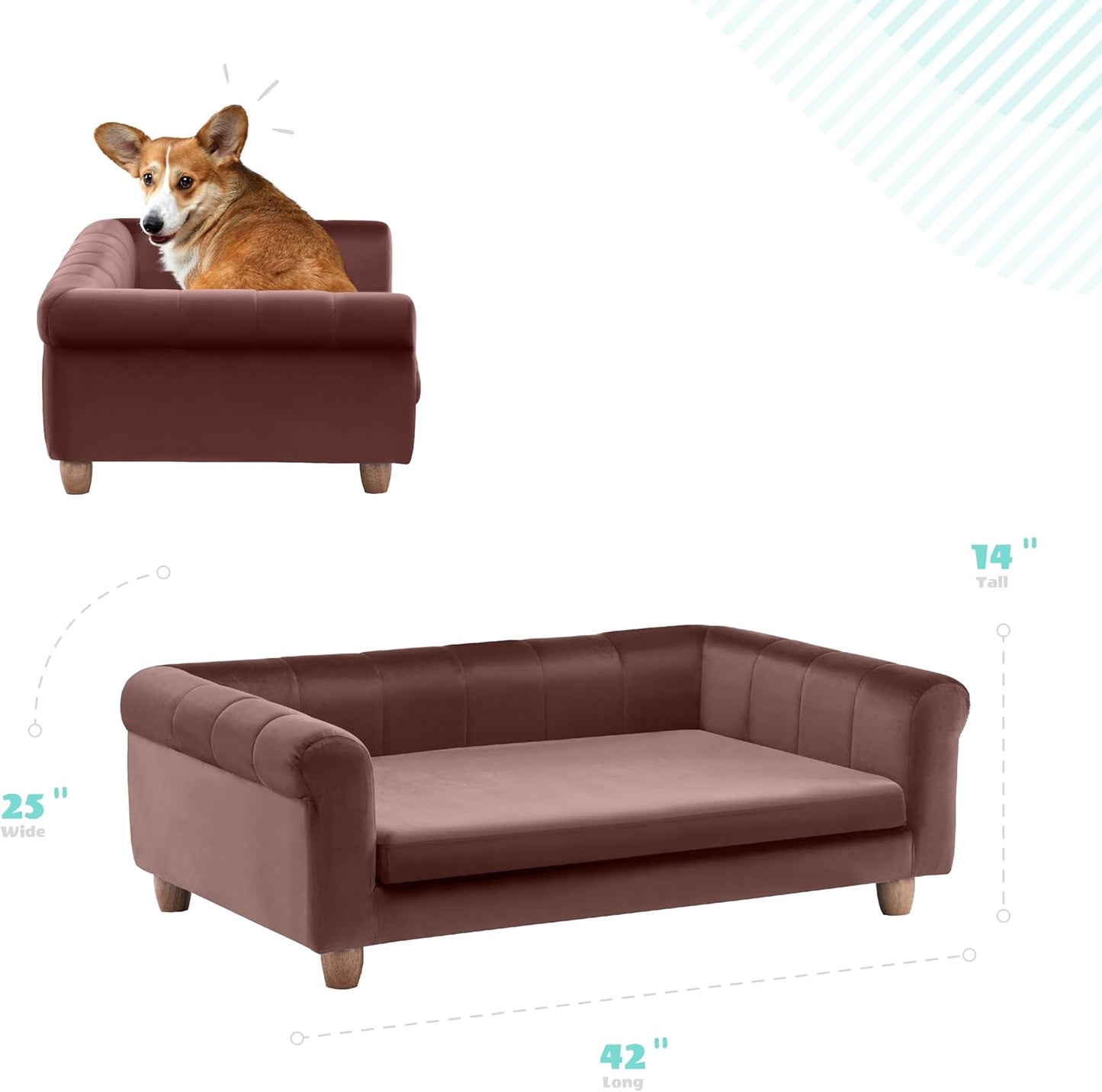 CRITTER SITTERS 42-In. Elegant Brown Faux-Velvet Rectangular Dog Sofa for Medium and Large Dogs, Elevated Plush Dog Couch