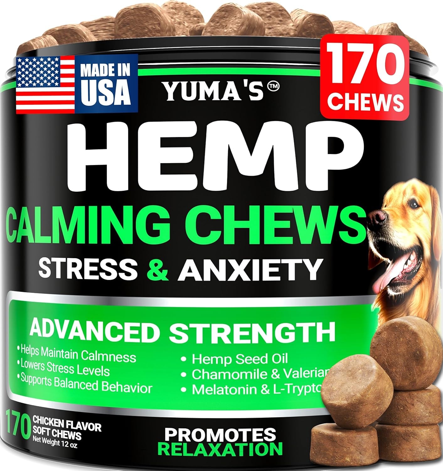 Hemp Calming Chews for Dogs - Advanced Dog Calming Chews - 170 Chews - Anxiety Relief Treats - Separation Aid, Barking, Stress Relief, Thunderstorms - Melatonin - Hemp Oil - Made in USA