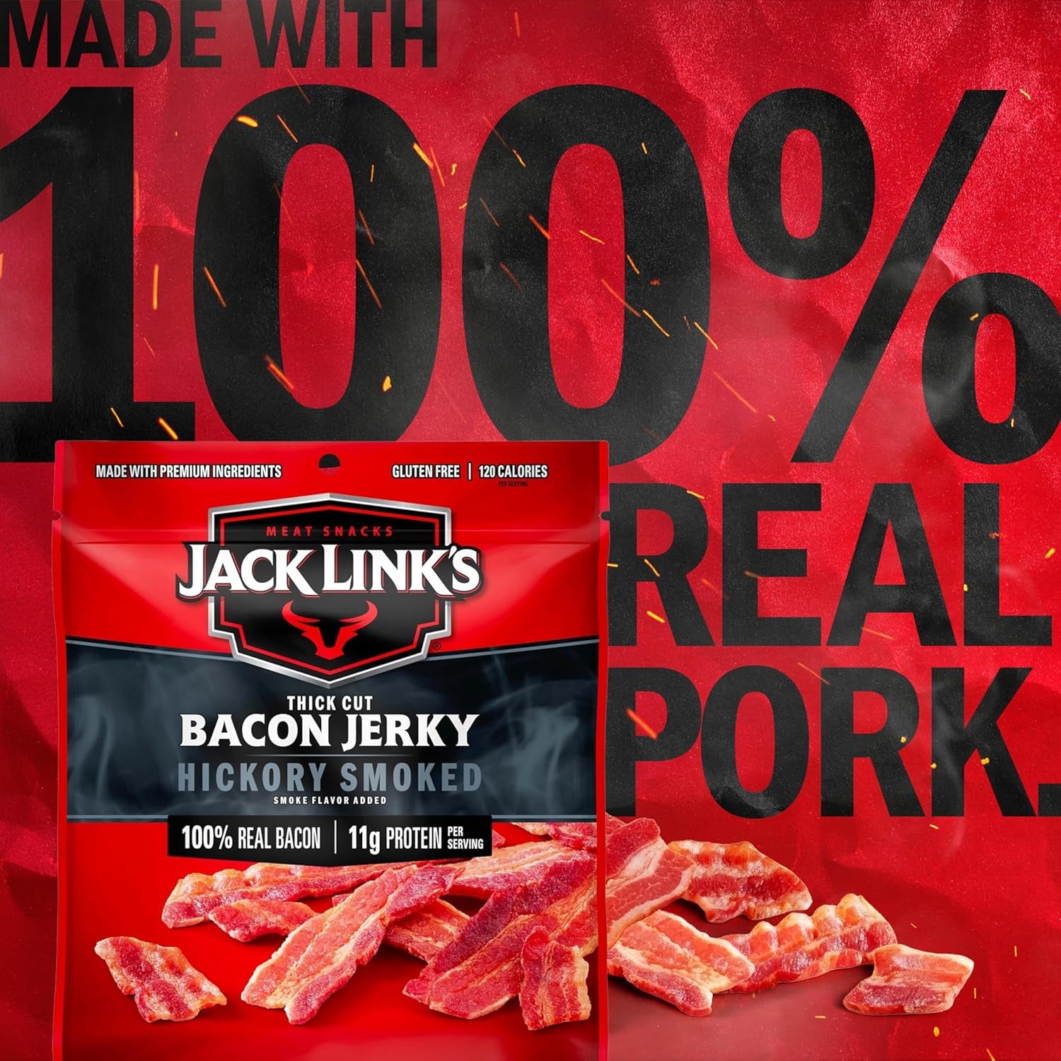 Jack Link'S Hickory Smoked Bacon Jerky - 2.5 Oz Bag - Ready to Eat Real Meat Protein Snacks - 11G Protein per Serving - Made with 100% Thick Cut Real Bacon