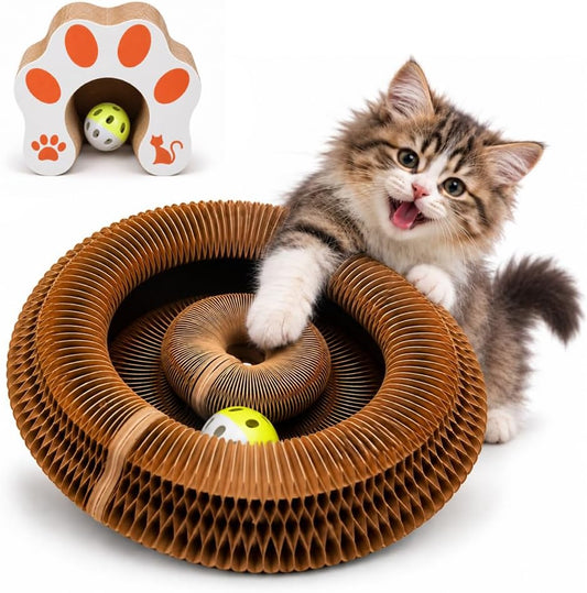 Magic Organ Cat Scratcher with Ball Track and Bell Ball, Foldable Accordion Cardboard Scratch Pad, Interactive Toys for Indoor Cats, Reversible Kitten Scratching Board, Paw Face