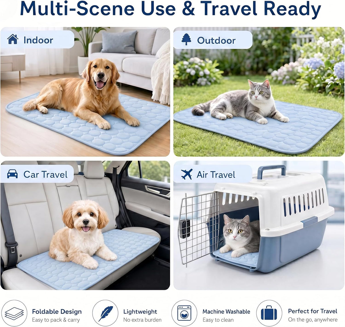 Dog Cooling Mat for Dogs & Cats, Breathable Ice Silk, No Gel Design, Non-Slip Washable Cooling Bed for Crate, Couch, Car, Indoor Outdoor (Large)