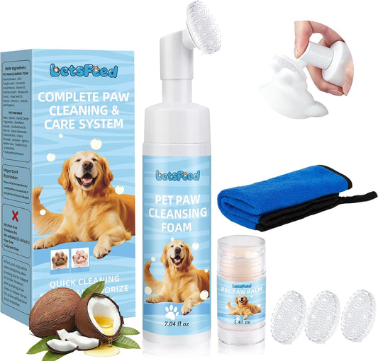 Dog Paw Cleaner Kit with Paw Balm for Dogs, Waterless Foot Cleaner for Muddy Paws, Dirt Removal, Moisturizing Care for Dry Cracked Pads, Includes Towel and 3 Soft Silicone Brushes