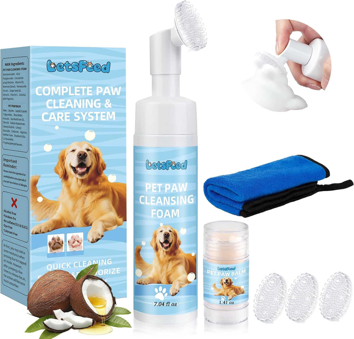 Dog Paw Cleaner Kit with Paw Balm for Dogs, Waterless Foot Cleaner for Muddy Paws, Dirt Removal, Moisturizing Care for Dry Cracked Pads, Includes Towel and 3 Soft Silicone Brushes