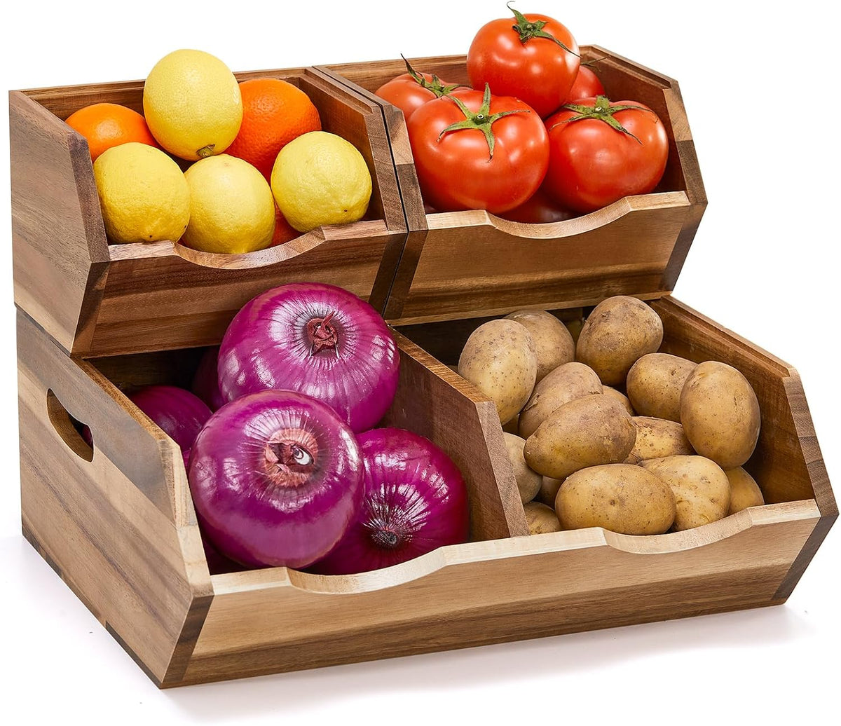 Acacia Wood Pantry Storage Bins, Stackable Storage Baskets Potato and Onion Storage Bins, Pantry Organizer Wooden Baskets Organization and Storage, Set 3 Pieces