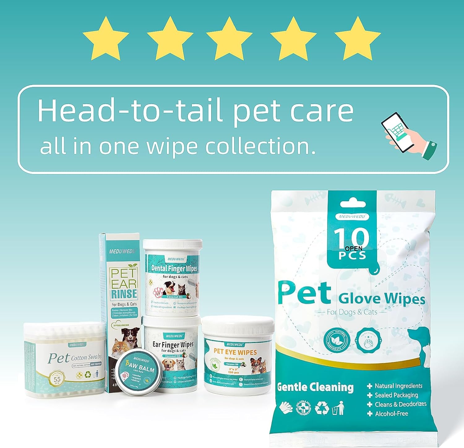 MEDUWEDU Dental Care Finger Wipes 60 Counts,Teeth Cleaning Finger Wipes for Dogs & Cats,Reduces Plaque & Supports Oral Freshness, Coconut Scent
