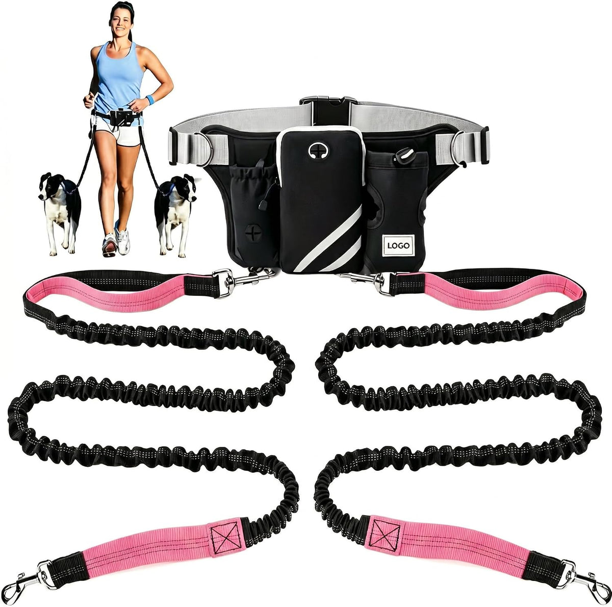 Hands Free Dog Leash for 2 Dogs, Dual Bungee Running Leash, Adjustable Length with Waist Belt, Reflective Stitching, Control Handles for Walking Jogging Hiking, Black-Pink