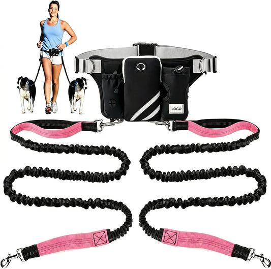 Hands Free Dog Leash for 2 Dogs, Dual Bungee Running Leash, Adjustable Length with Waist Belt, Reflective Stitching, Control Handles for Walking Jogging Hiking, Black-Pink