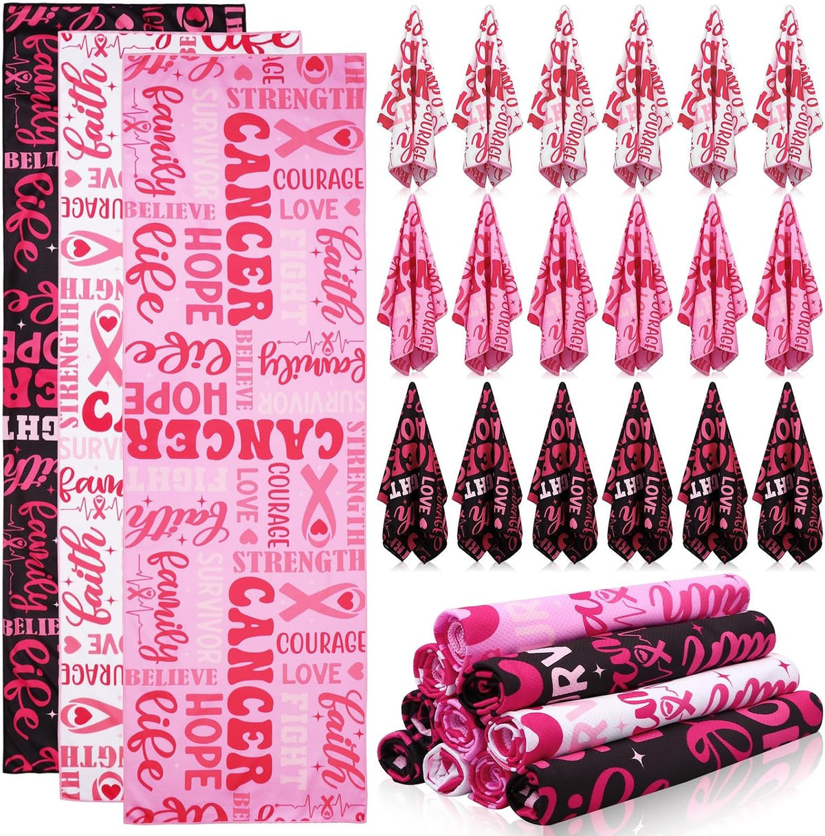 24 Pcs Breast Cancer Awareness Cooling Towel 40'' X 12'' Pink Ribbon Breathable Chilly Towel Soft Fast Drying Ice Towel Breast Cancer Awareness Sports Towels for Women Sport Yoga Football Team Gifts