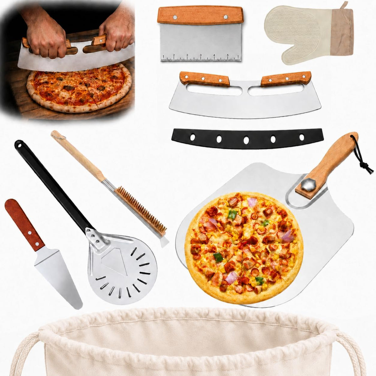 Pizza Peel Set, 8 Piece Pizza Oven Accessories Kit, 12X14 Inch Aluminum Pizza Paddle with Foldable Wooden Handle, 8 Inch Perforated Mini Peel, Rocker Cutter, Scraper, Server, Brush, Glove & Bag