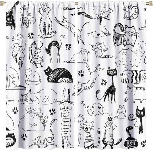 Cute Cat Rod Pocket Blackout Curtains - Abstract Black & White Animal Cat Window Treatment Set Energy Saving Thermal Insulated Drapes for Living Room 2 Panels 45L X 21W