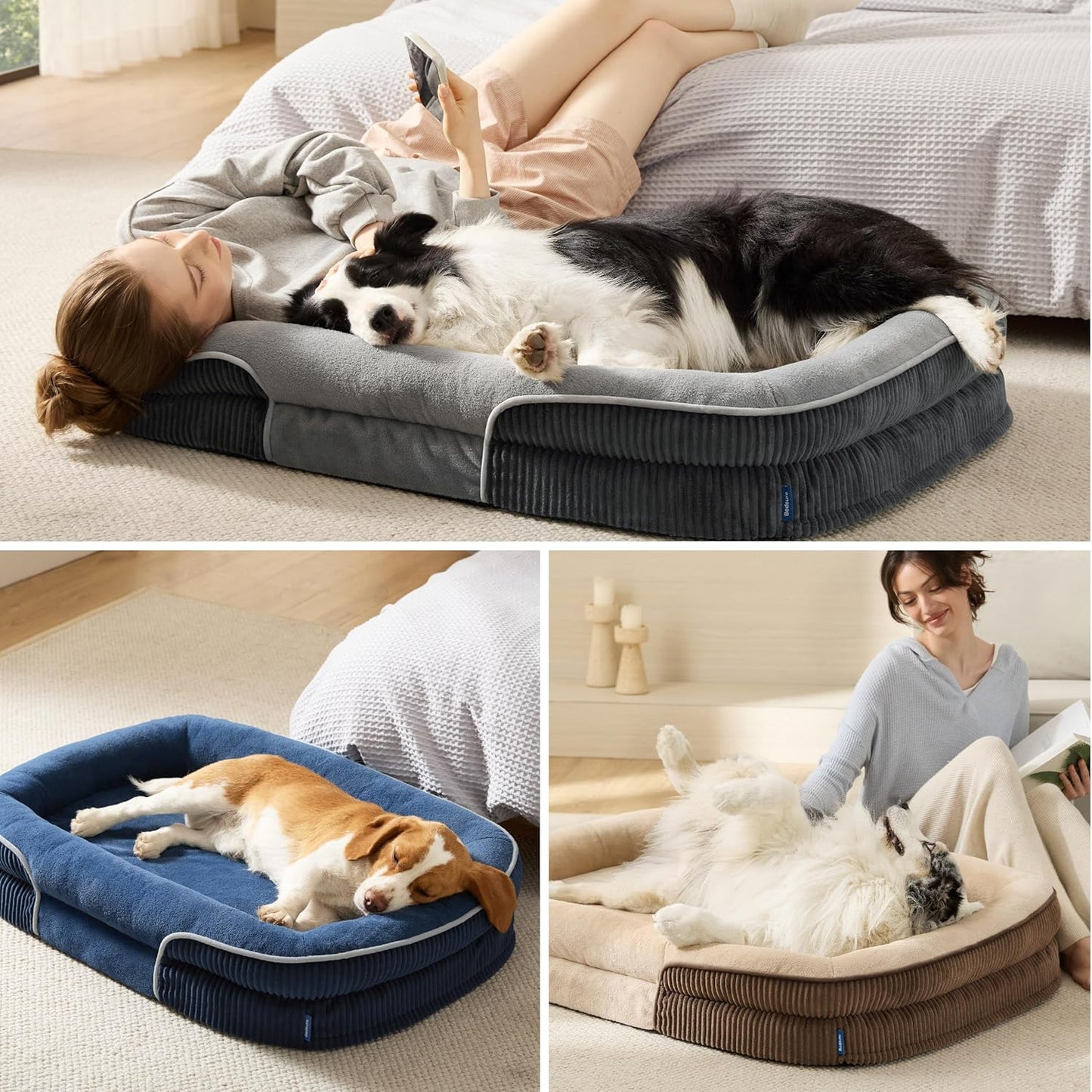 Bedsure Orthopedic Dog Beds Large Sized Dog - 360° Oval Bolster Large Dogs Bed for Senior Dogs with Waterproof Washable Cover, Big Comfort Pet Sofa Couch with Ultra-Soft Fleece, Grey, 35"