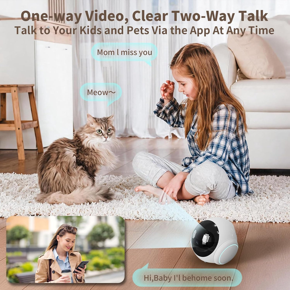 Small 1080P Mobile Pet Robot Camera with App Control, White