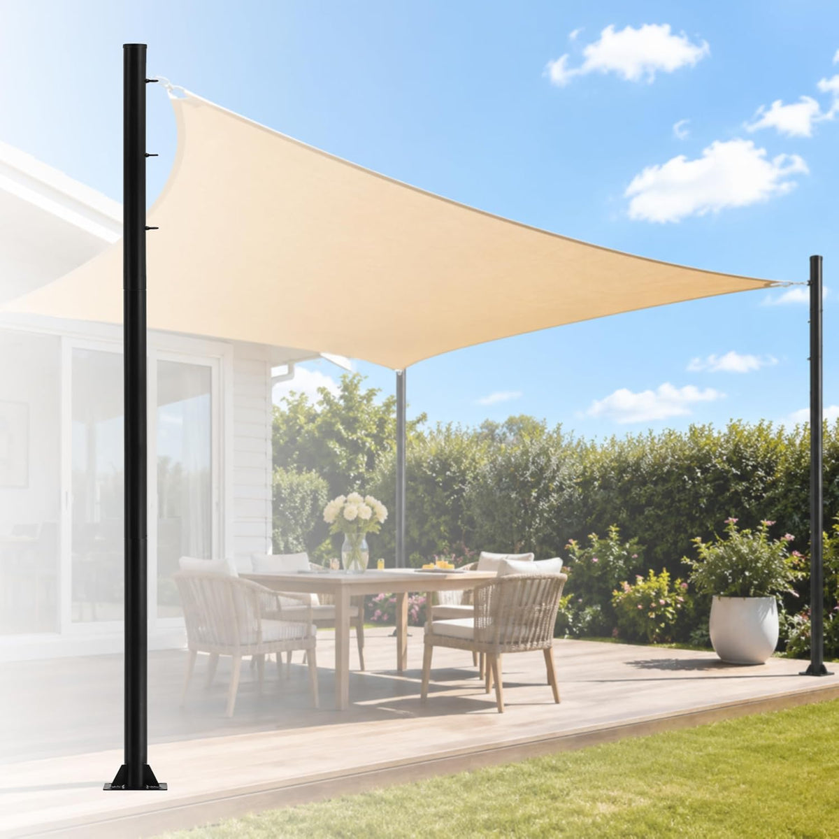 Sunnyglade 9.8 FT Sun Shade Poles, 2.28" Diameter Heavy Duty Steel Shade Sail Pole Kit, Black Outdoor Canopy Support Post with 3 Rings for Deck, Patio, Backyard and Garden