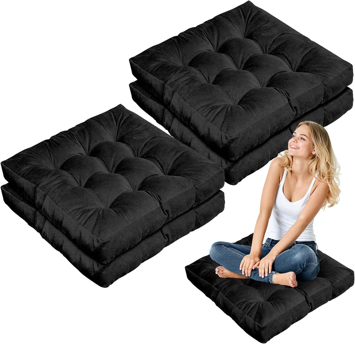 Jerify 4 Pcs Black Large Floor Pillow Cushion, Square 22 X 22