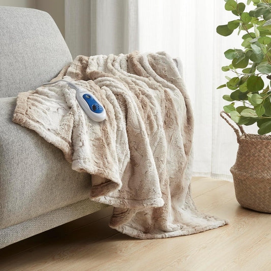 Beautyrest Reversible Heated Throw, Faux Fur Electric Blanket, Sand
