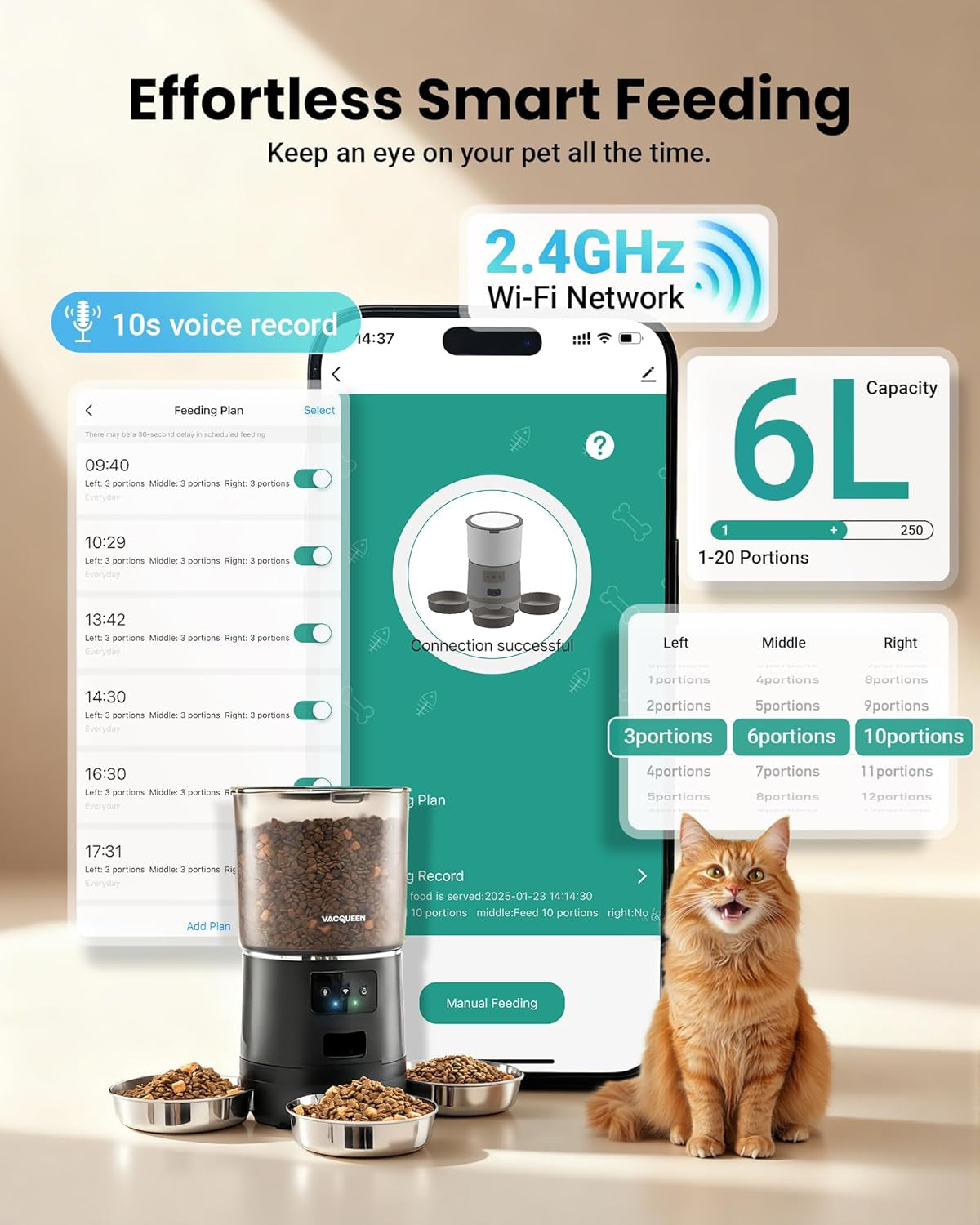 Automatic Cat Feeder for 3 Cats, 6L/25 Cup Cat Food Dispenser with Strong Anti-Jam System, Dual-Effect Desiccant, Smart Wifi App Control Pet Feeder, Automatic Dog Feeder with 10S Recorder