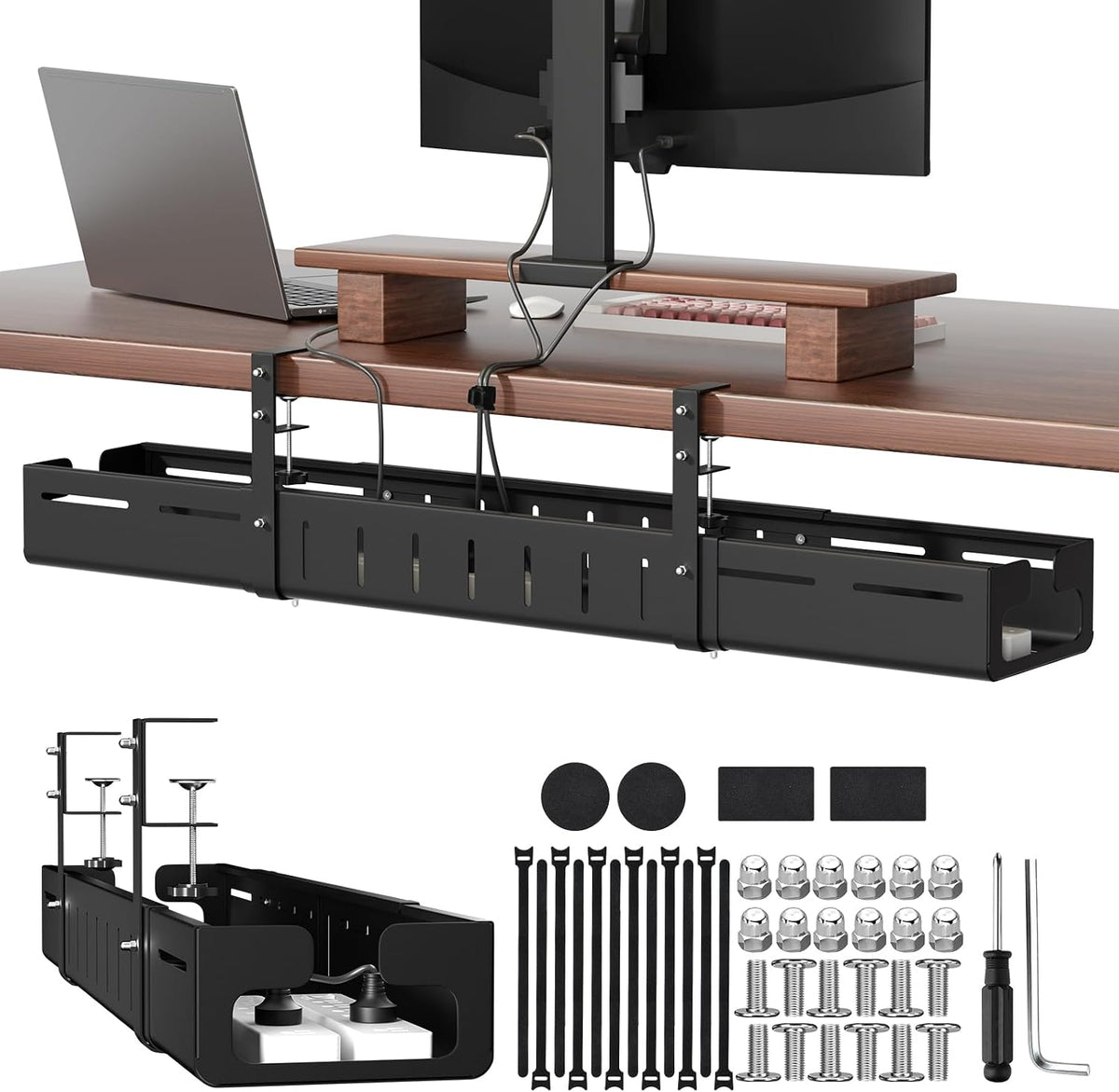 Under Desk Cable Management Tray,25.2"–38.6" Expandable Cable Tray,Black