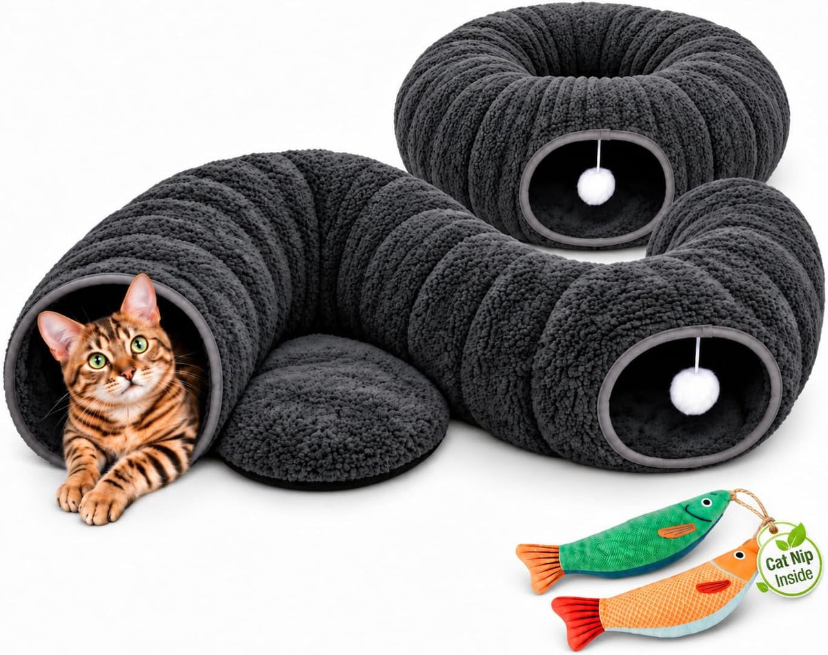 Cat Tunnel Bed with 2 Catnip Fish Toys, Interactive Cat Toys, Dark Grey