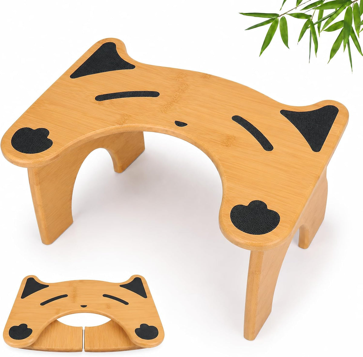 Foldable 7-Inch Bamboo Toilet Stool for Adults, Cat Design