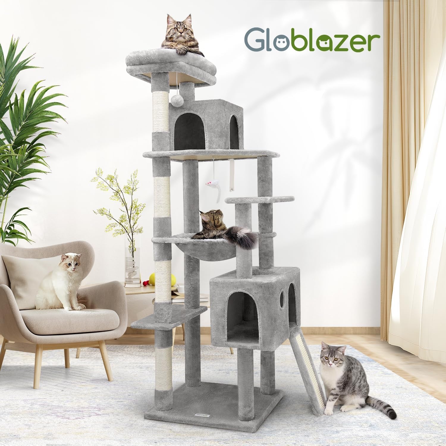 Globlazer Heavy Duty Cat Tree, 70 Inch Sturdy Cat Tree for Indoor Cats Extra Large Cat Tower with Scratching Post, Hammock, Cat Condo for Adult Cats Kittens, F70 Pro, Light Grey