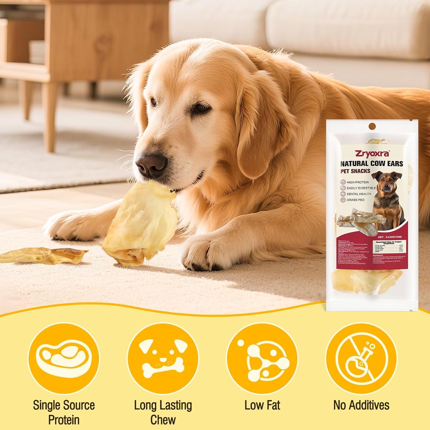 100% Natural Real Cow Ears for Dogs - Single Ingredient Dental Chew, Long-Lasting Treats for All Breeds (Small/Medium/Large) | High Protein, Easily Digestible (3.9 OZ)