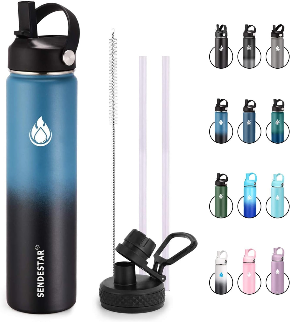 SENDESTAR Insulated Water Bottle 24 Oz, Double Wall Vacuum Leak Proof Stainless Steel Sports Water Bottle—Wide Mouth with New Flex Straw Lid & Spout Lid (Deep Blue&Black)