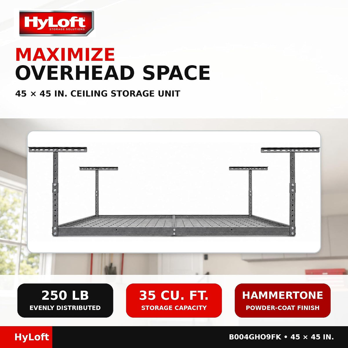 Hyloft Overhead Steel Garage Storage System, Ceiling Rack, 45-Inch X 45-Inch, 00625, Hammertone