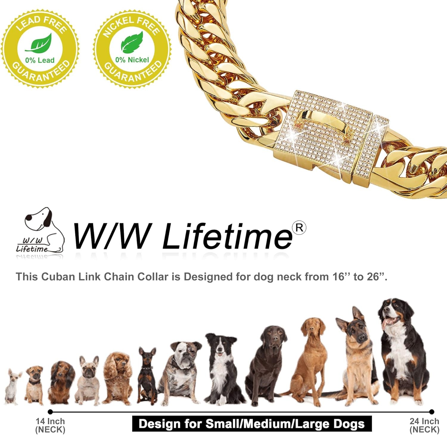 Dog Chain Collar Walking Metal Chain Collar with Design Secure Buckle, Gold Cuban Link Strong Heavy Duty Chew Proof for Small Dogs(16Mm, 12")