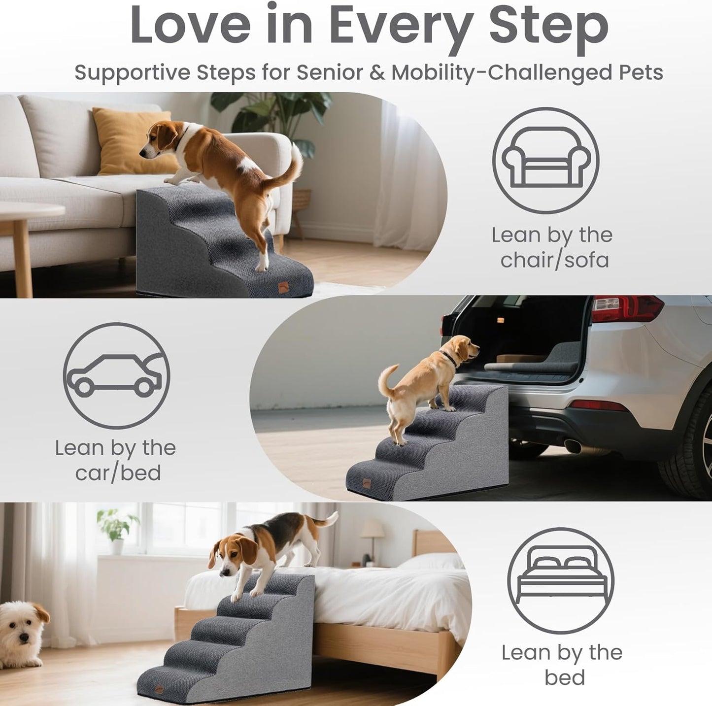Gogobunny Ramp Dog Stairs for Couch Sofa and Chair 15.7" H, 3-Step Pet Steps for Small Dogs and Cats, Non-Slip Waterproof Fabric Cover, Stable and Balanced Indoor Step, Pets Friendly, Grey
